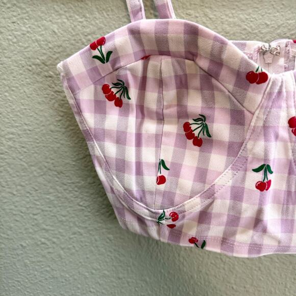 Unique Vintage Lavender + White Gingham Cherry Print Cropped Bustier - M - NWT - Picture 2 of 7
